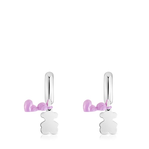 Pendientes aro de plata con cer&aacute;mica lila y doble oso Bold Bear