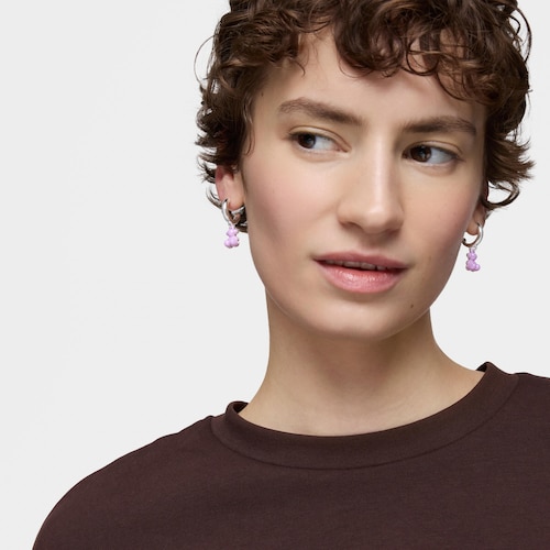 Pendientes aro de plata con cerámica lila y doble oso Bold Bear