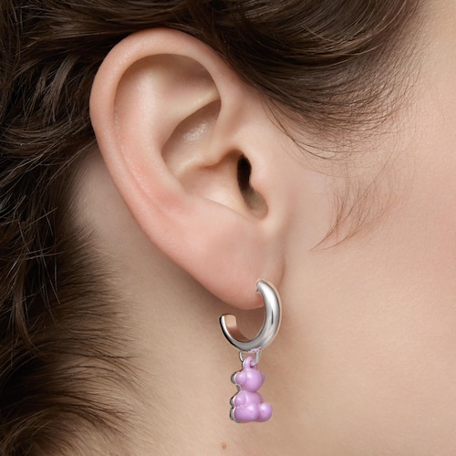 Pendientes aro de plata con cerámica lila y doble oso Bold Bear