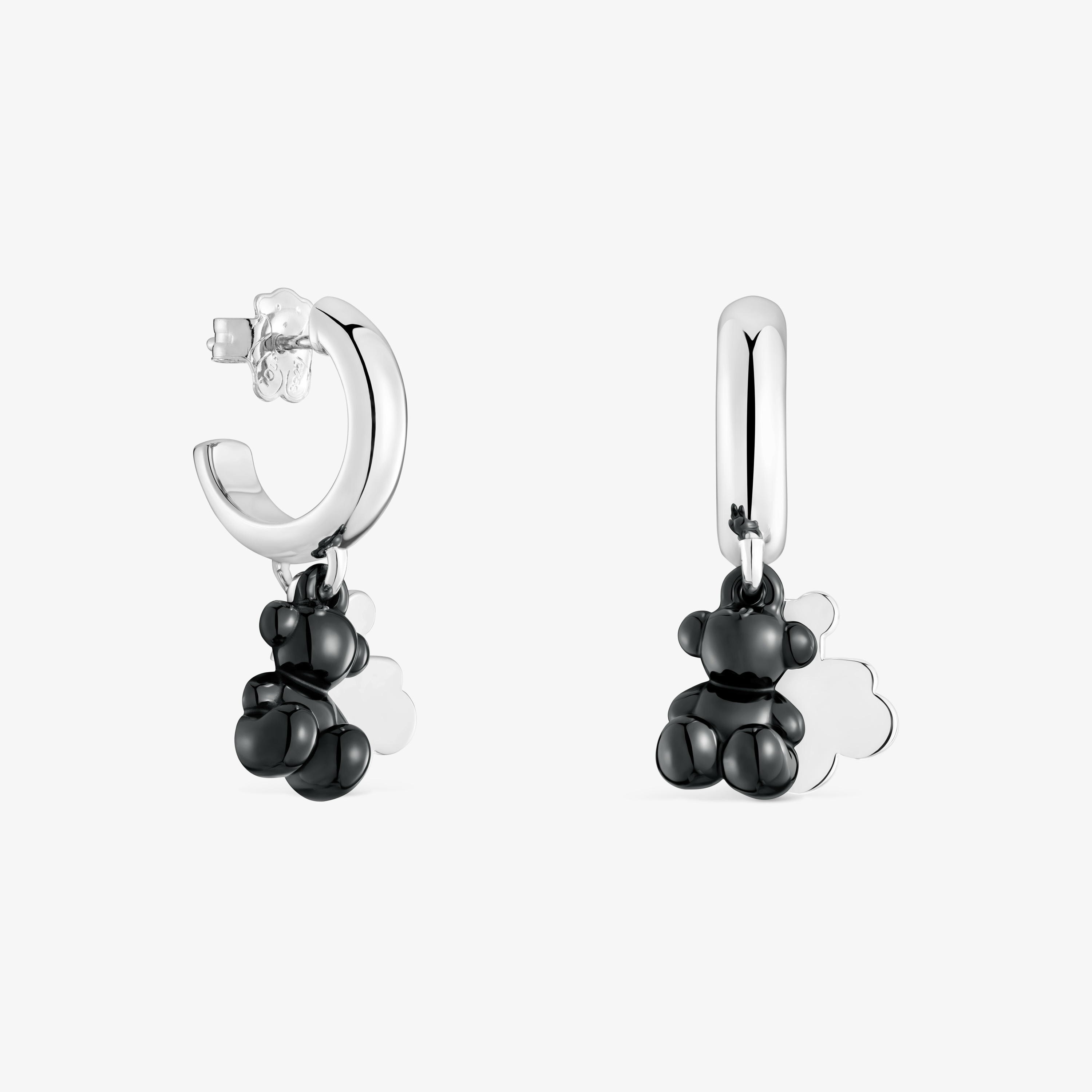 Silver and black ceramic double-bear Hoop earrings Bold Bear