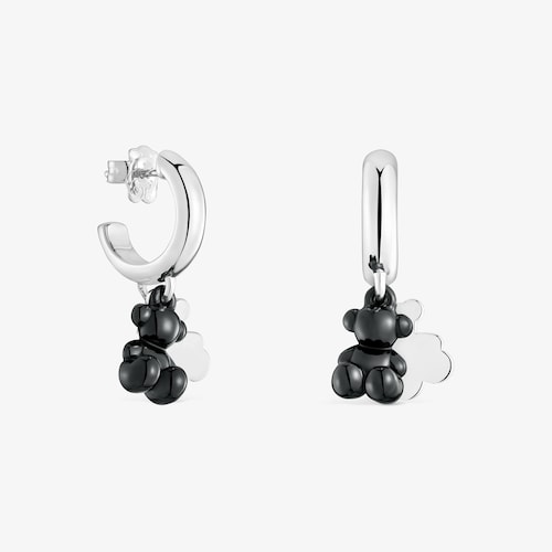 Silver and black ceramic double-bear Hoop earrings Bold Bear