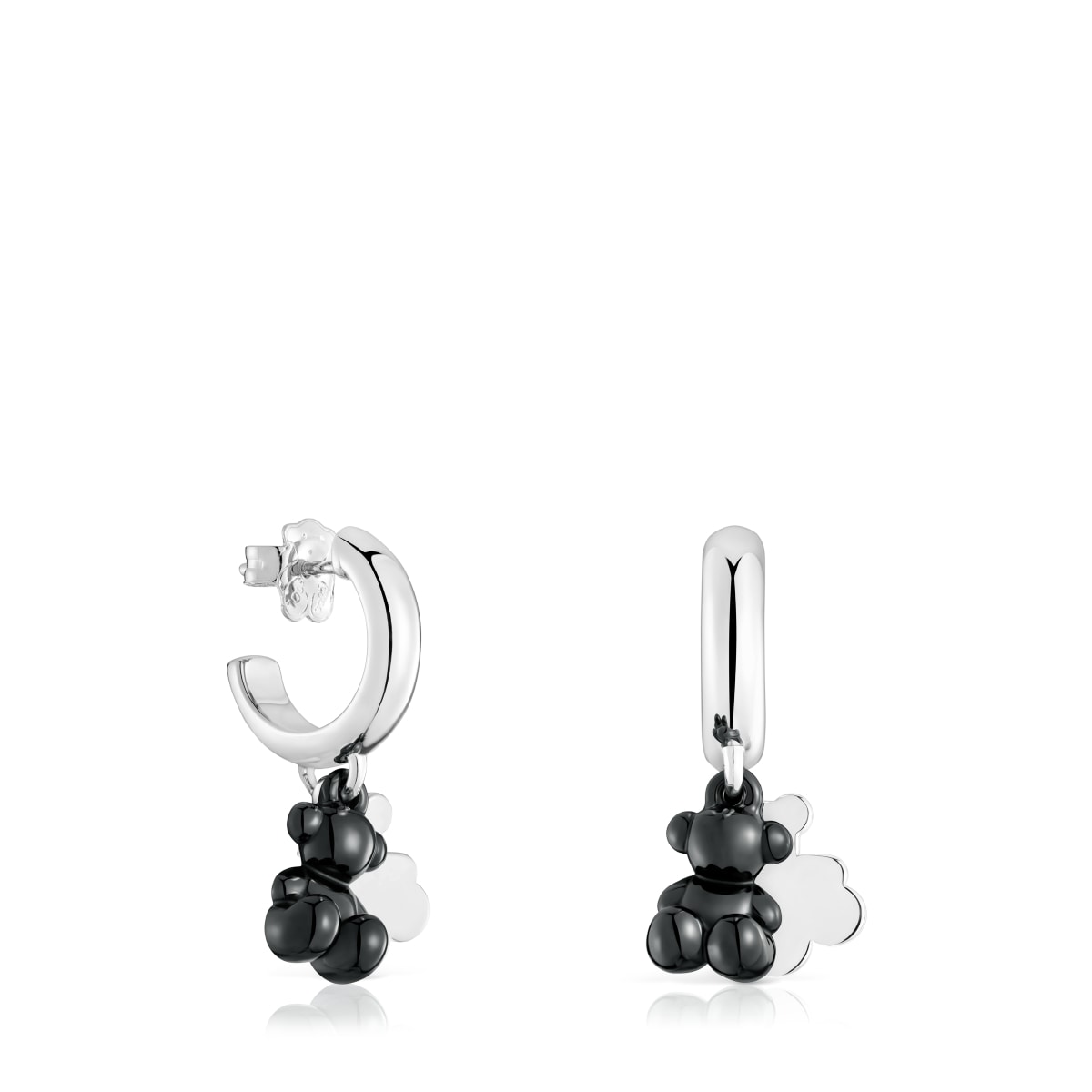 Tous - Pendientes Aro De Plata Con Cerámica Negra Y Doble Oso Bold Bear - Plateado