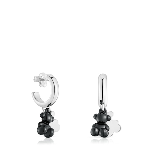 Silver and black ceramic double-bear Hoop earrings Bold Bear