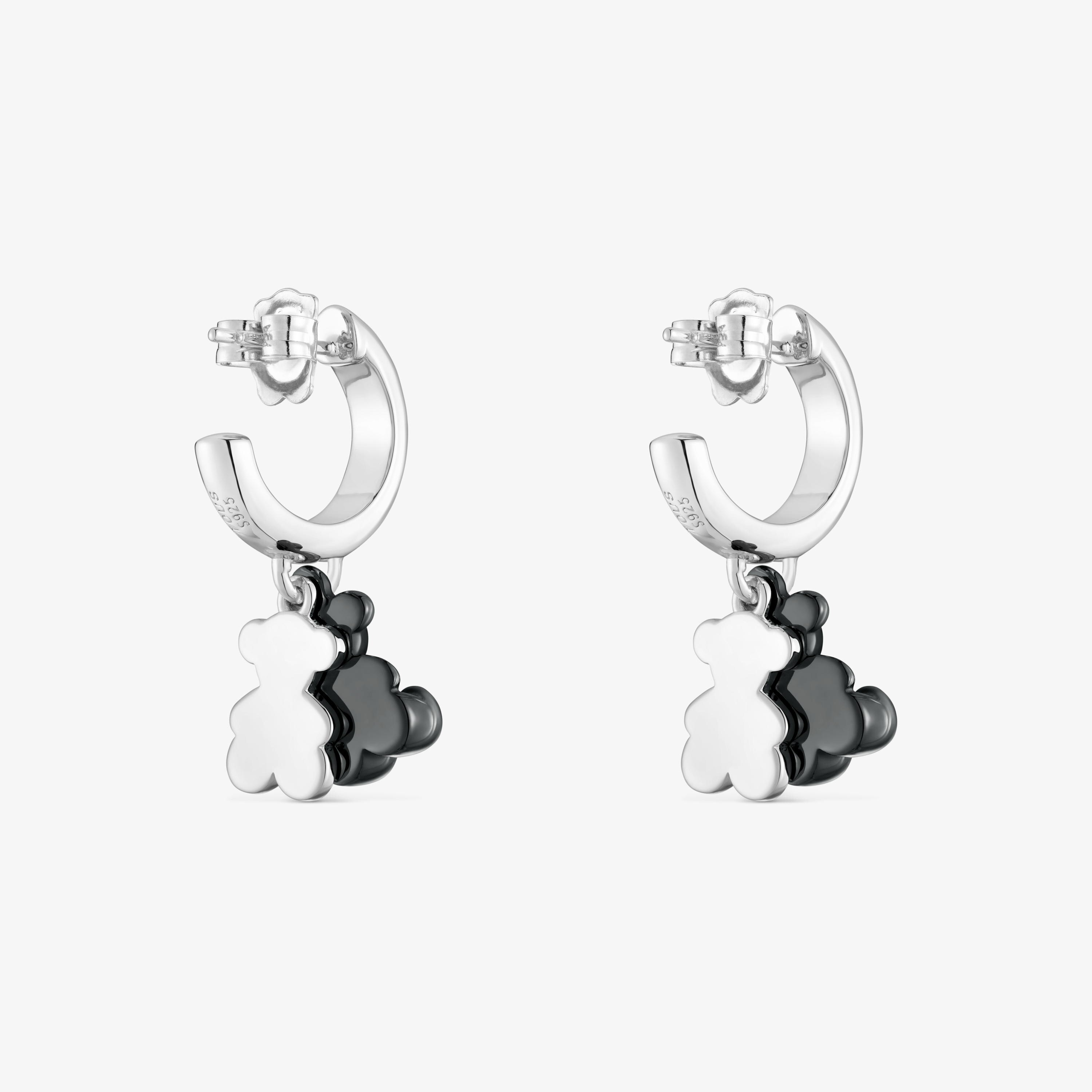 Silver and black ceramic double-bear Hoop earrings Bold Bear