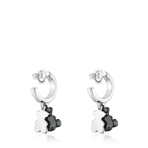 Silver and black ceramic double-bear Hoop earrings Bold Bear