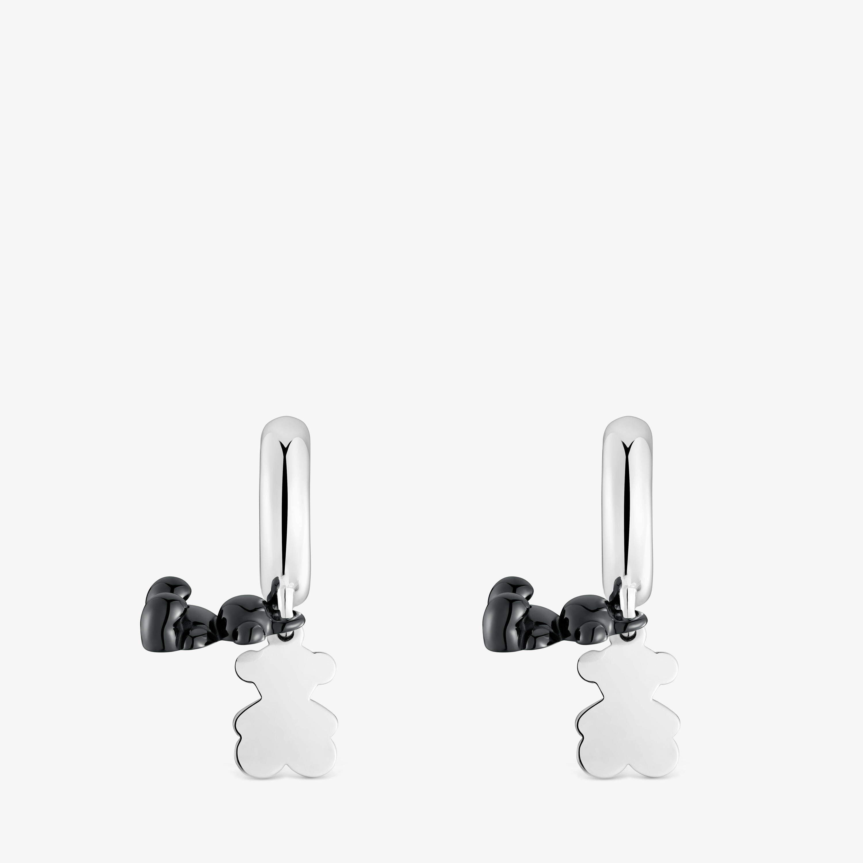Silver and black ceramic double-bear Hoop earrings Bold Bear