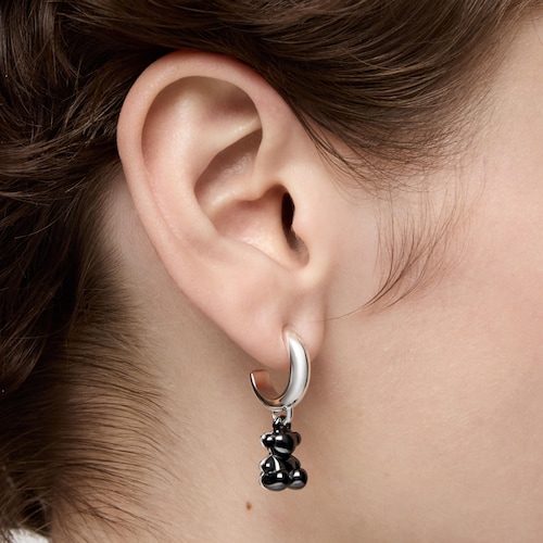 Silver and black ceramic double-bear Hoop earrings Bold Bear