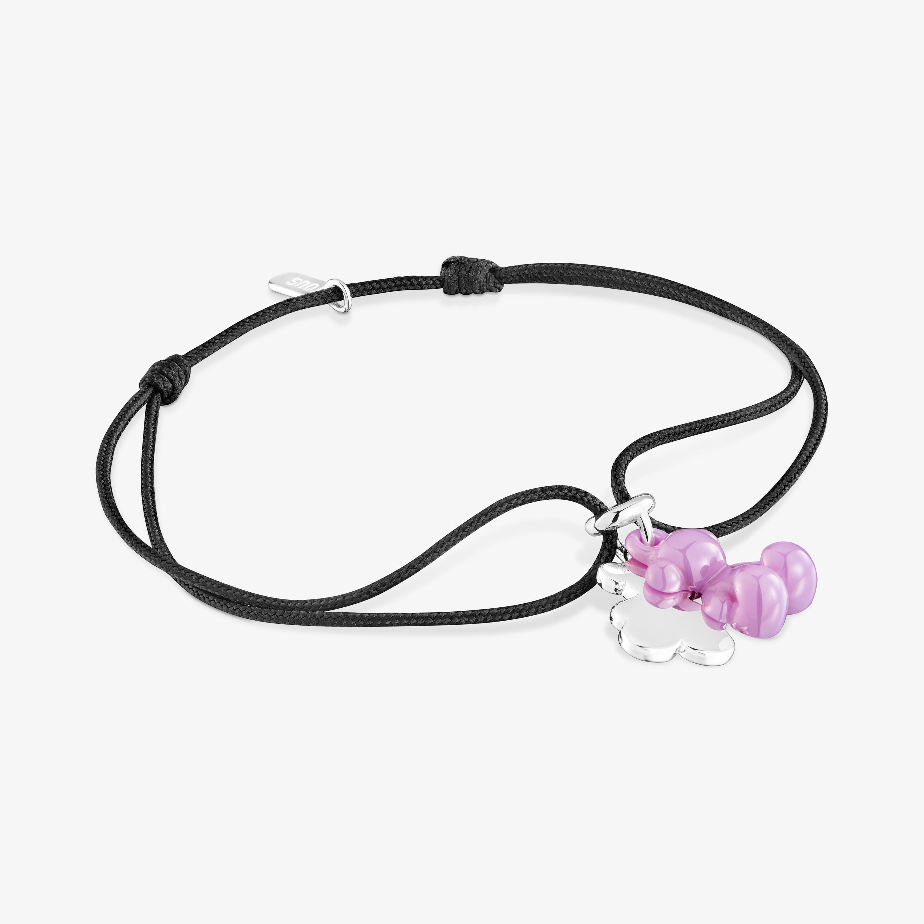 Pulseira dupla urso em prata com cerâmica lilás e nylon preto Bold