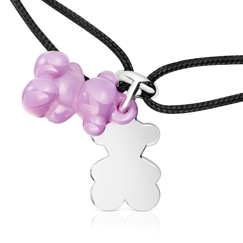 Pulsera doble oso de plata con cer&aacute;mica lila y nylon negro Bold Bear