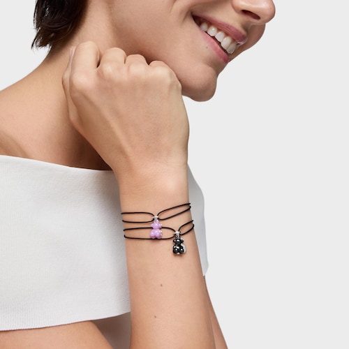 Pulsera doble oso de plata con cerámica lila y nylon negro Bold Bear