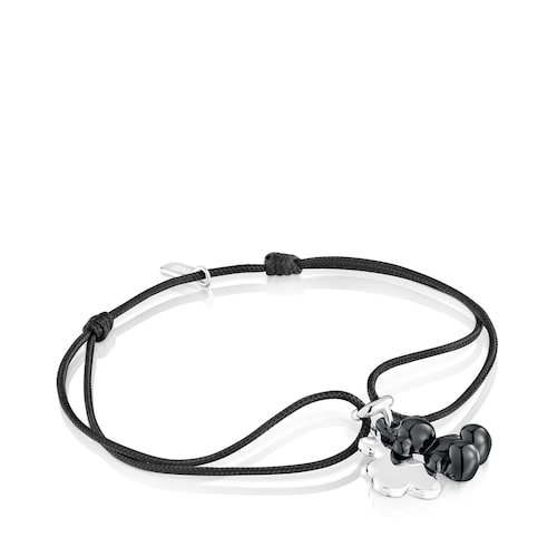 Pulsera doble oso de plata con cerámica negra y nylon negro Bold Bear