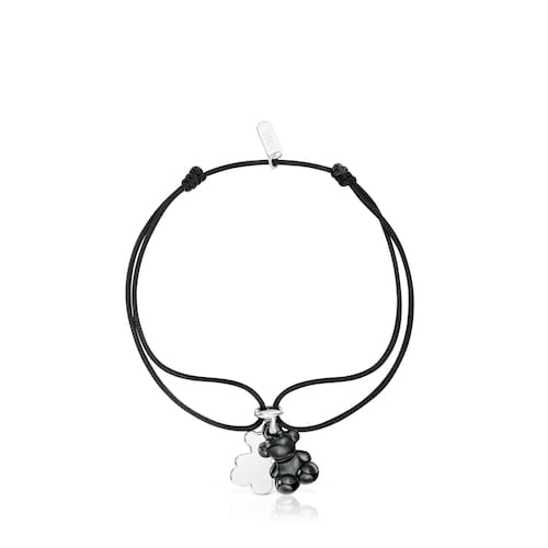 Pulsera doble oso de plata con cerámica negra y nylon negro Bold Bear