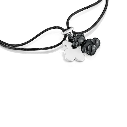 Pulsera doble oso de plata con cerámica negra y nylon negro Bold Bear