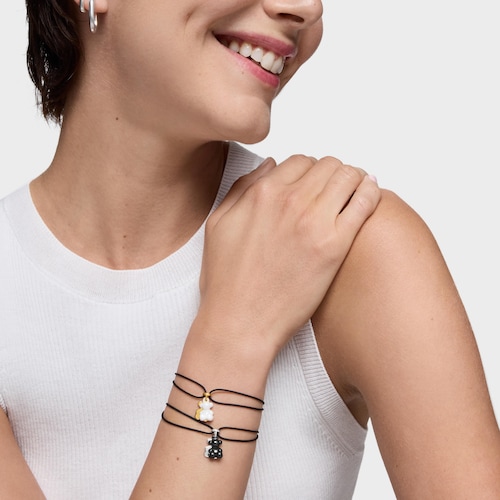 Pulsera doble oso de plata con cerámica negra y nylon negro Bold Bear