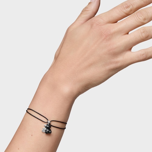 Pulsera doble oso de plata con cerámica negra y nylon negro Bold Bear