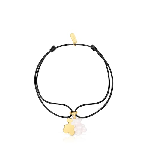 Pulsera doble oso con baño de oro 18 kt sobre plata, cerámica blanca y nylon negro Bold Bear