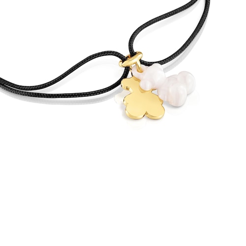 Pulsera doble oso con baño de oro 18 kt sobre plata, cerámica blanca y nylon negro Bold Bear