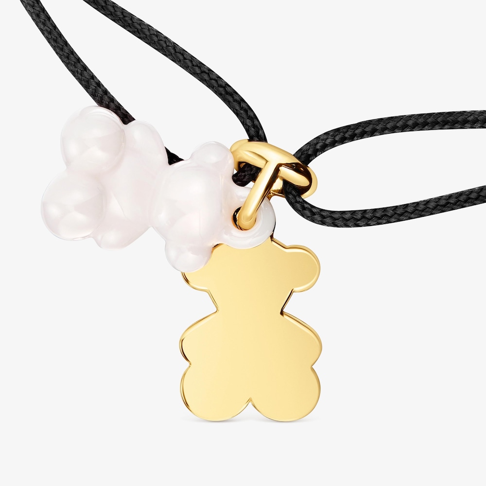 Bra&ccedil;alet doble &oacute;s amb bany d'or 18 kt sobre plata, cer&agrave;mica blanca i nil&oacute; negre Bold Bear