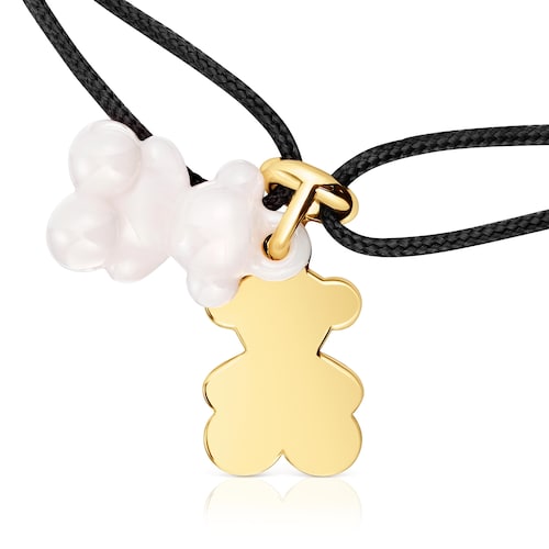 Double-bear Bracelet with 18kt gold plating over silver, white ceramic, and black nylon Bold Bear