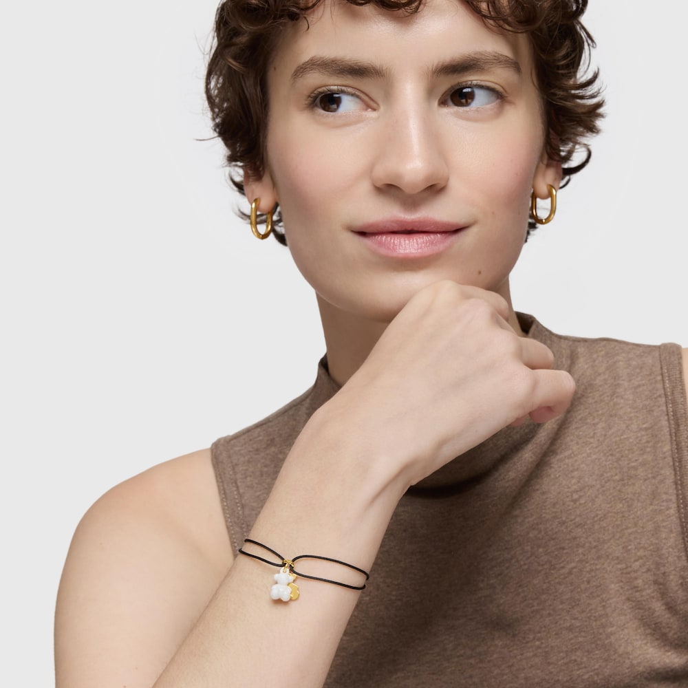 Bra&ccedil;alet doble &oacute;s amb bany d'or 18 kt sobre plata, cer&agrave;mica blanca i nil&oacute; negre Bold Bear