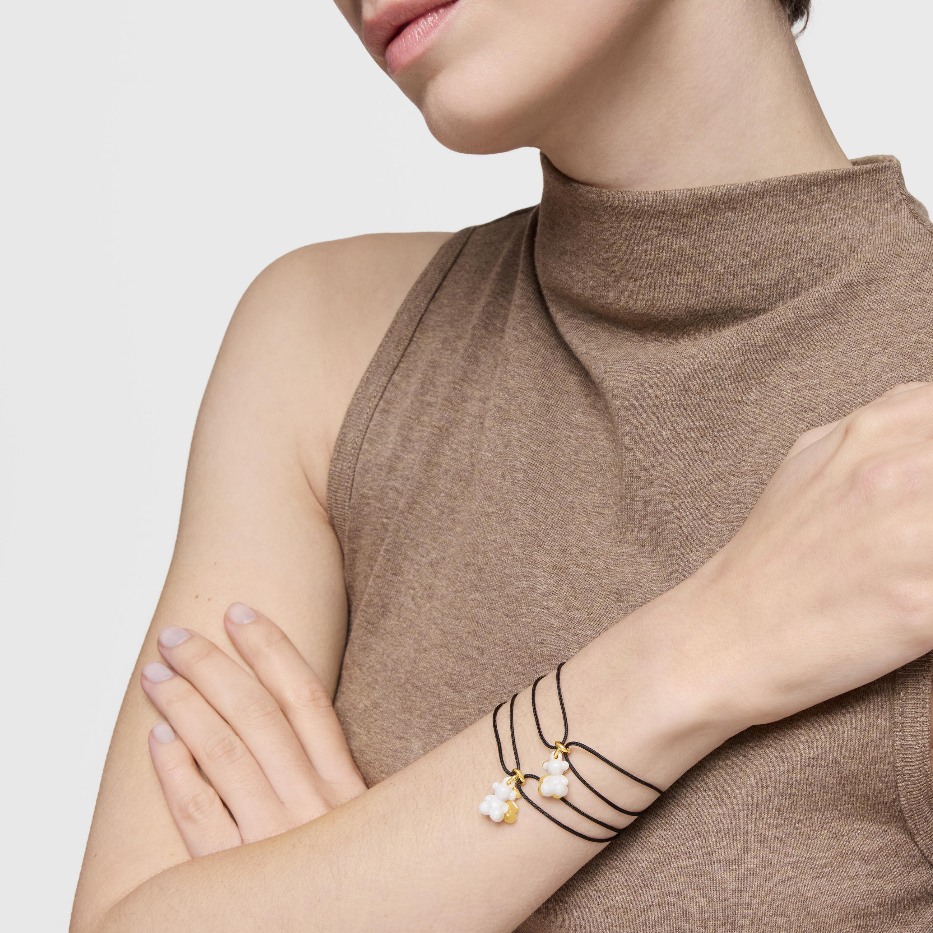 Double-bear Bracelet with 18K gold vermeil, white ceramic, and black nylon Bold Bear