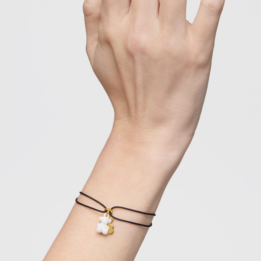 Bra&ccedil;alet doble &oacute;s amb bany d'or 18 kt sobre plata, cer&agrave;mica blanca i nil&oacute; negre Bold Bear