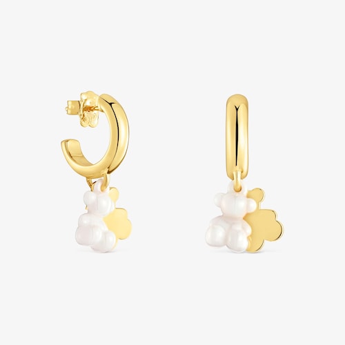 Aretes de aro con ba&ntilde;o de oro 18 kt sobre plata, cer&aacute;mica blanca y doble oso Bold Bear