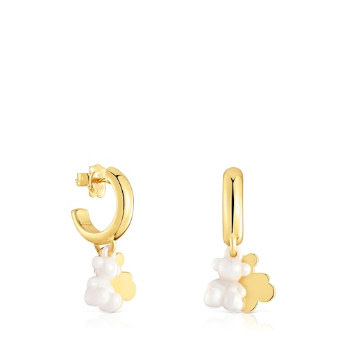 Pendientes de aro con baño de oro 18 kt sobre plata, cerámica blanca y doble oso Bold Bear