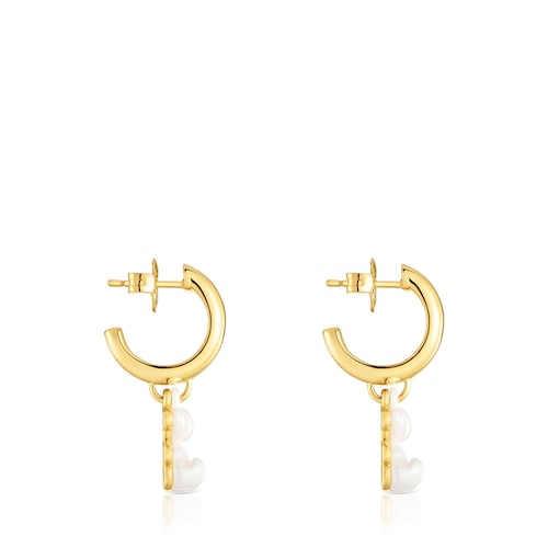 Pendientes de aro con baño de oro 18 kt sobre plata, cerámica blanca y doble oso Bold Bear