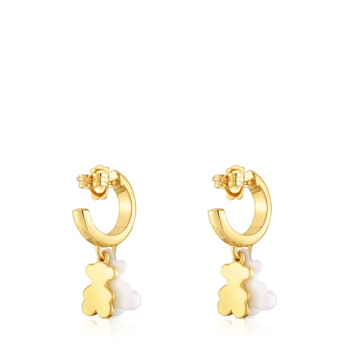 Pendientes de aro con baño de oro 18 kt sobre plata, cerámica blanca y doble oso Bold Bear
