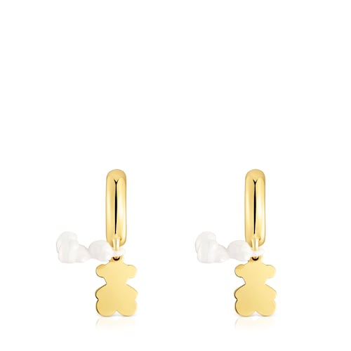 Pendientes de aro con baño de oro 18 kt sobre plata, cerámica blanca y doble oso Bold Bear