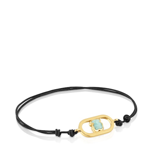 Pulseira de nylon preta com banho de ouro 18 kt sobre prata e amazonita Camille
