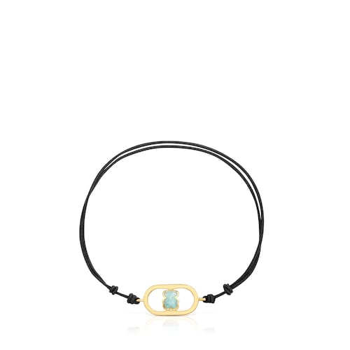 Pulseira de nylon preta com banho de ouro 18 kt sobre prata e amazonita Camille