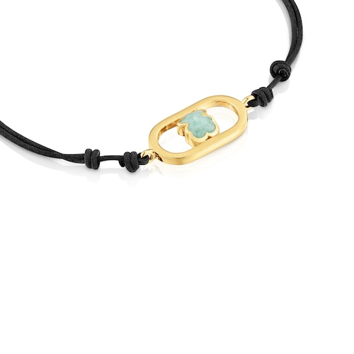 Pulseira de nylon preta com banho de ouro 18 kt sobre prata e amazonita Camille