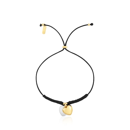 Bracciale con doppio cuore in argento placcato oro 18&nbsp;kt e nylon nero TOUS Flechazo