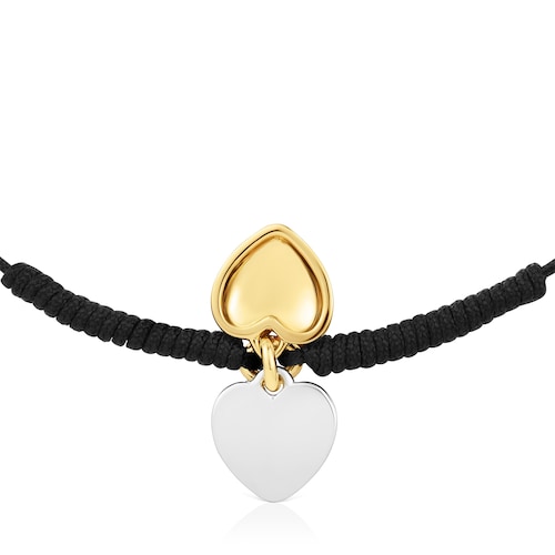 Bracciale con doppio cuore in argento placcato oro 18&nbsp;kt e nylon nero TOUS Flechazo