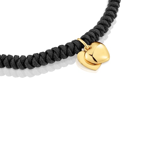 Bracciale con doppio cuore in oro 14&nbsp;kt e nylon nero TOUS Flechazo