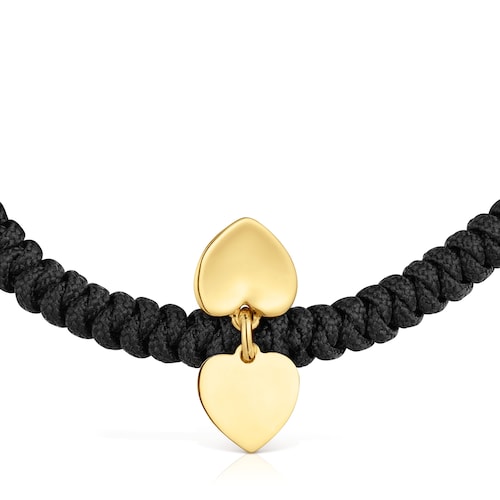 Bracciale con doppio cuore in oro 14&nbsp;kt e nylon nero TOUS Flechazo