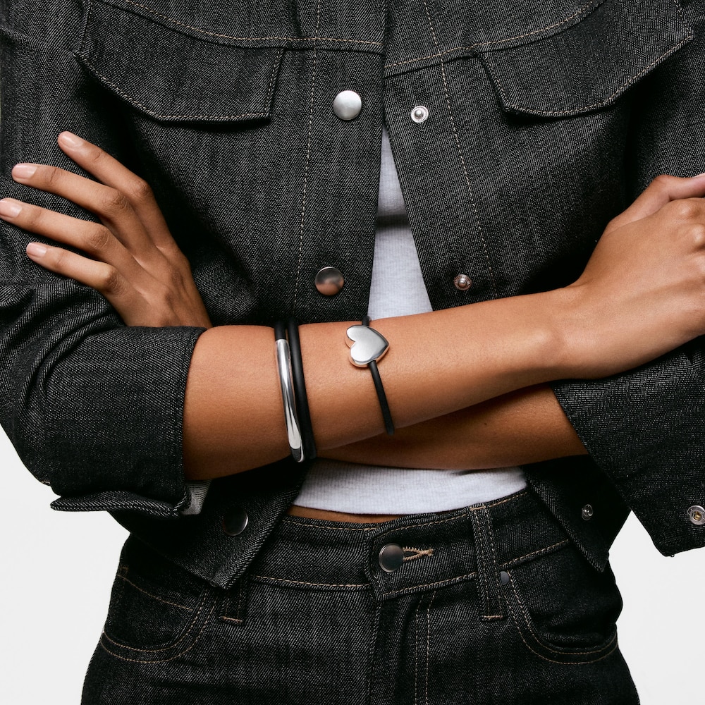 Pulsera esclava de plata y caucho doble Bold Motif