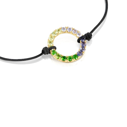 Pulsera con ba&ntilde;o de oro 18 kt sobre plata, gemas y nylon negro Straight