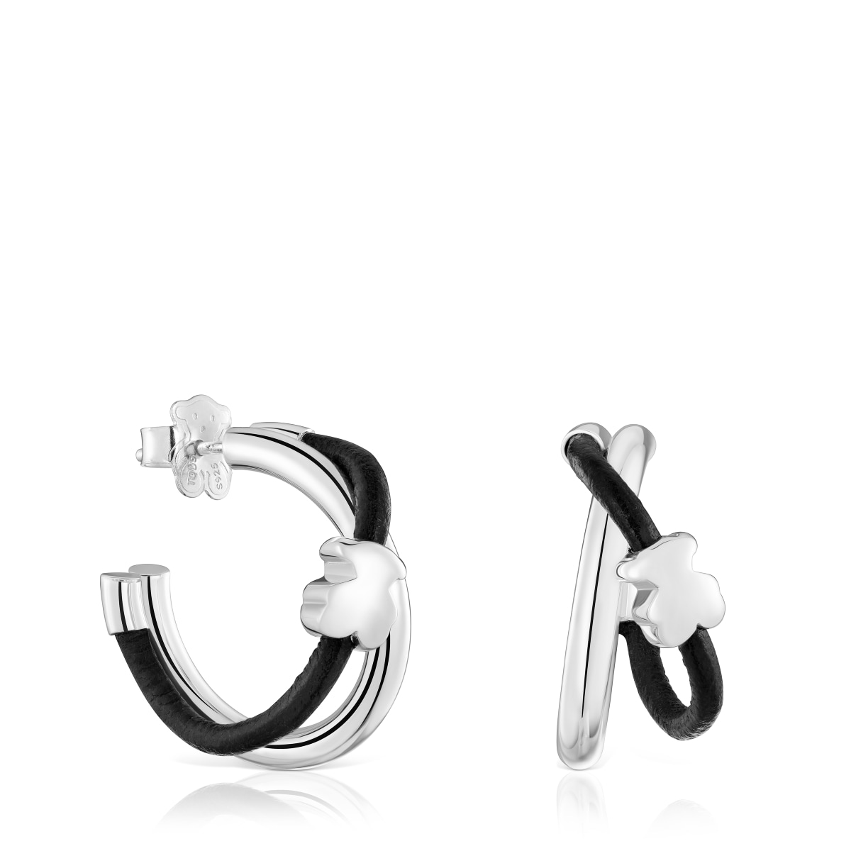Tous - Pendientes De Aro Tous Bold Motif Con Motivo Oso De Plata De Primera Ley Y Caucho Negro. Tamaño Pendientes: 24 Mm. Cierre Presión. - Negro