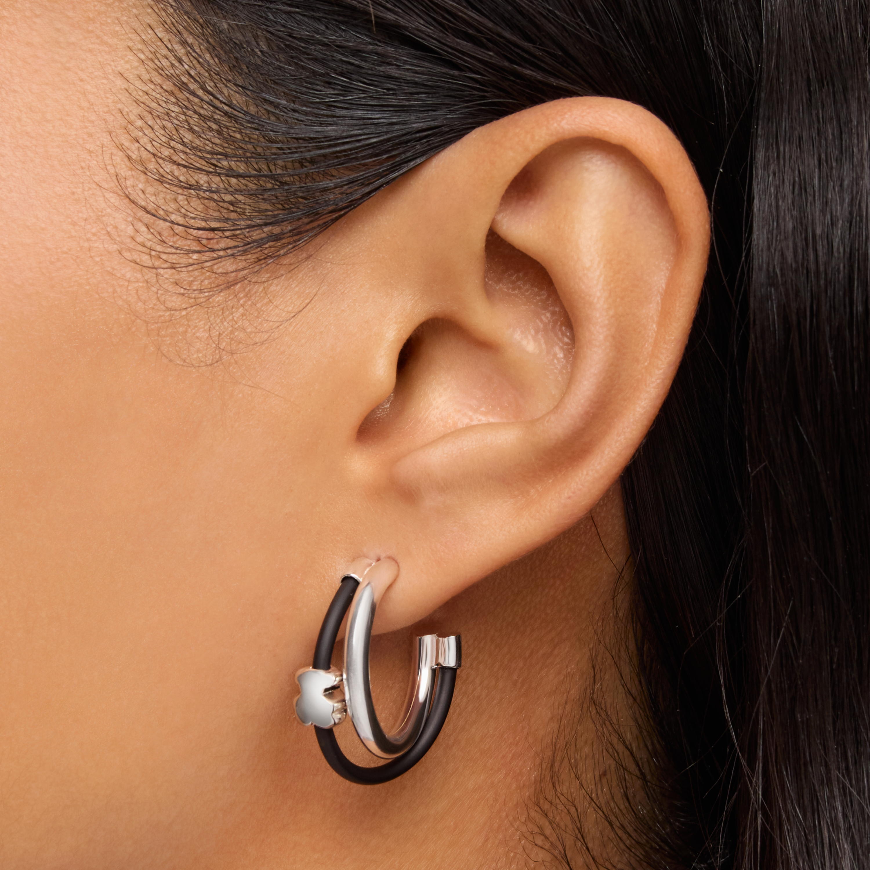 Bear hoop earrings in silver and rubber 24 mm Bold Motif