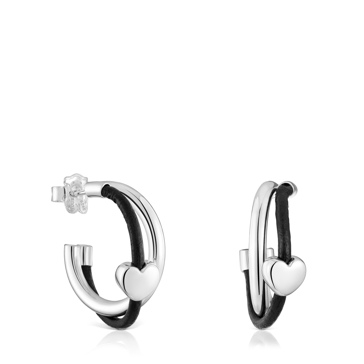 Tous - Pendientes De Aro Tous Bold Motif Con Motivo Corazón De Plata De Primera Ley Y Caucho Negro. Tamaño Pendientes: 24 Mm. Cierre Presión. - Negro
