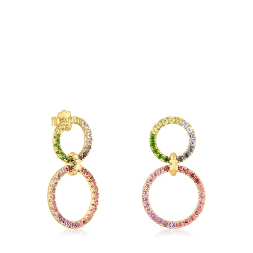 Brincos c&iacute;rculo duplo com banho de ouro de 18&nbsp;K sobre prata e pedras preciosas TOUS Straight