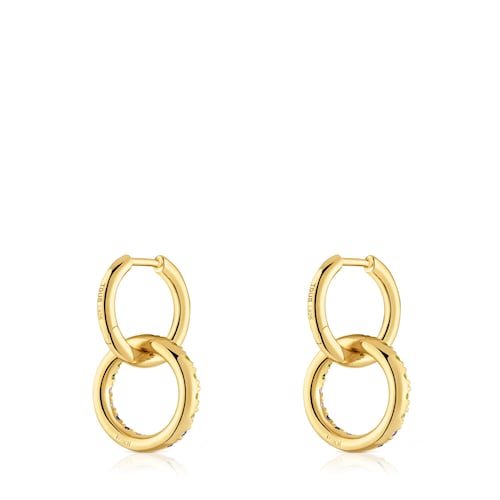 Brincos de argola dupla com banho de ouro de 18&nbsp;K sobre prata e pedras preciosas TOUS Straight