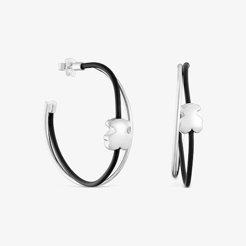 Bear hoop earrings in silver and rubber 45 mm Bold Motif