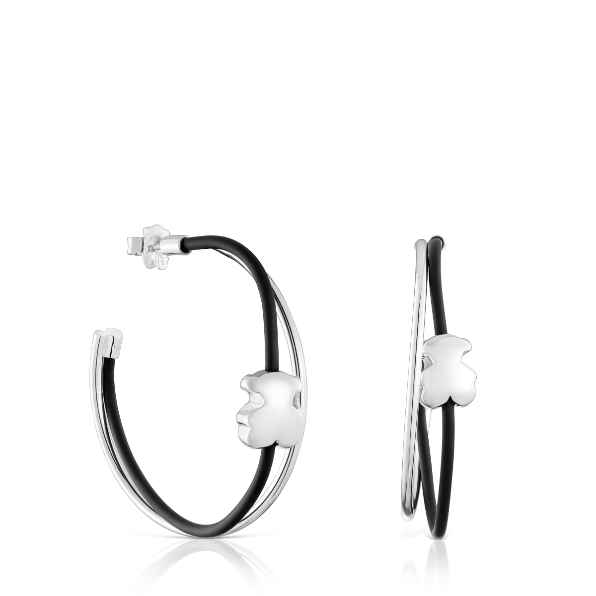 Tous - Pendientes De Aro Tous Bold Motif Con Motivo Oso De Plata De Primera Ley Y Caucho Negro. Tamaño Pendientes: 45 Mm. Cierre Presión. - Negro