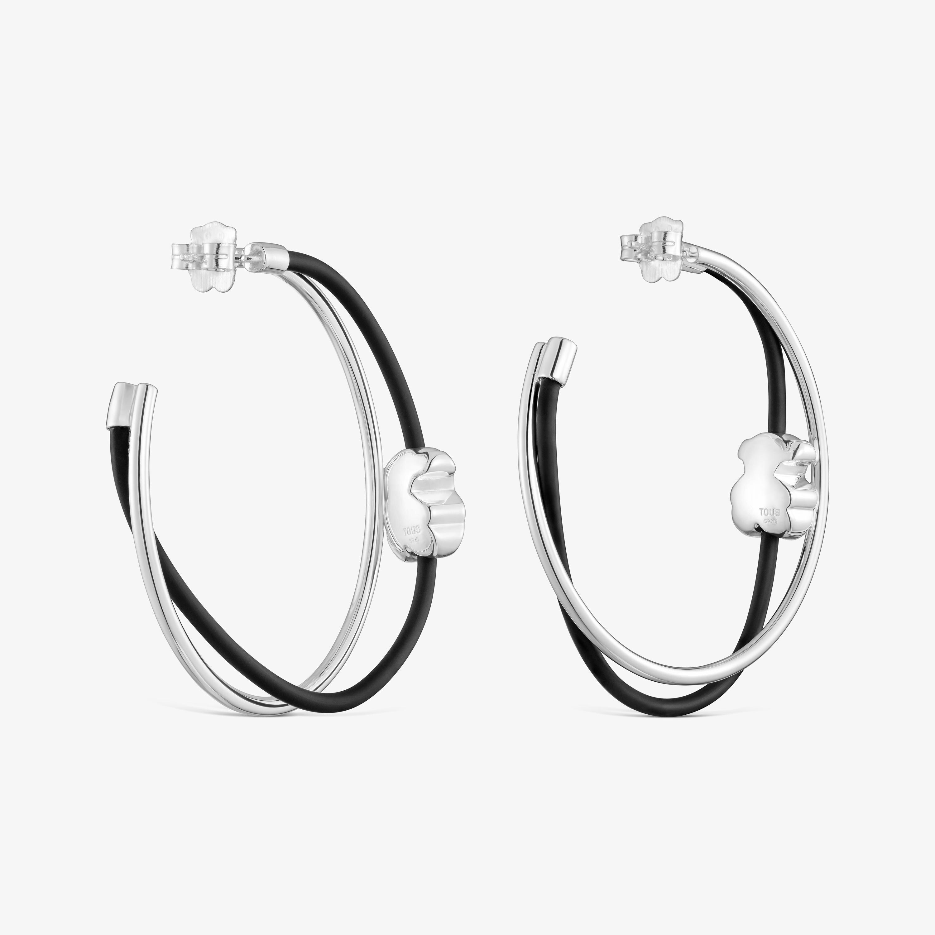 Bear hoop earrings in silver and rubber 45 mm Bold Motif