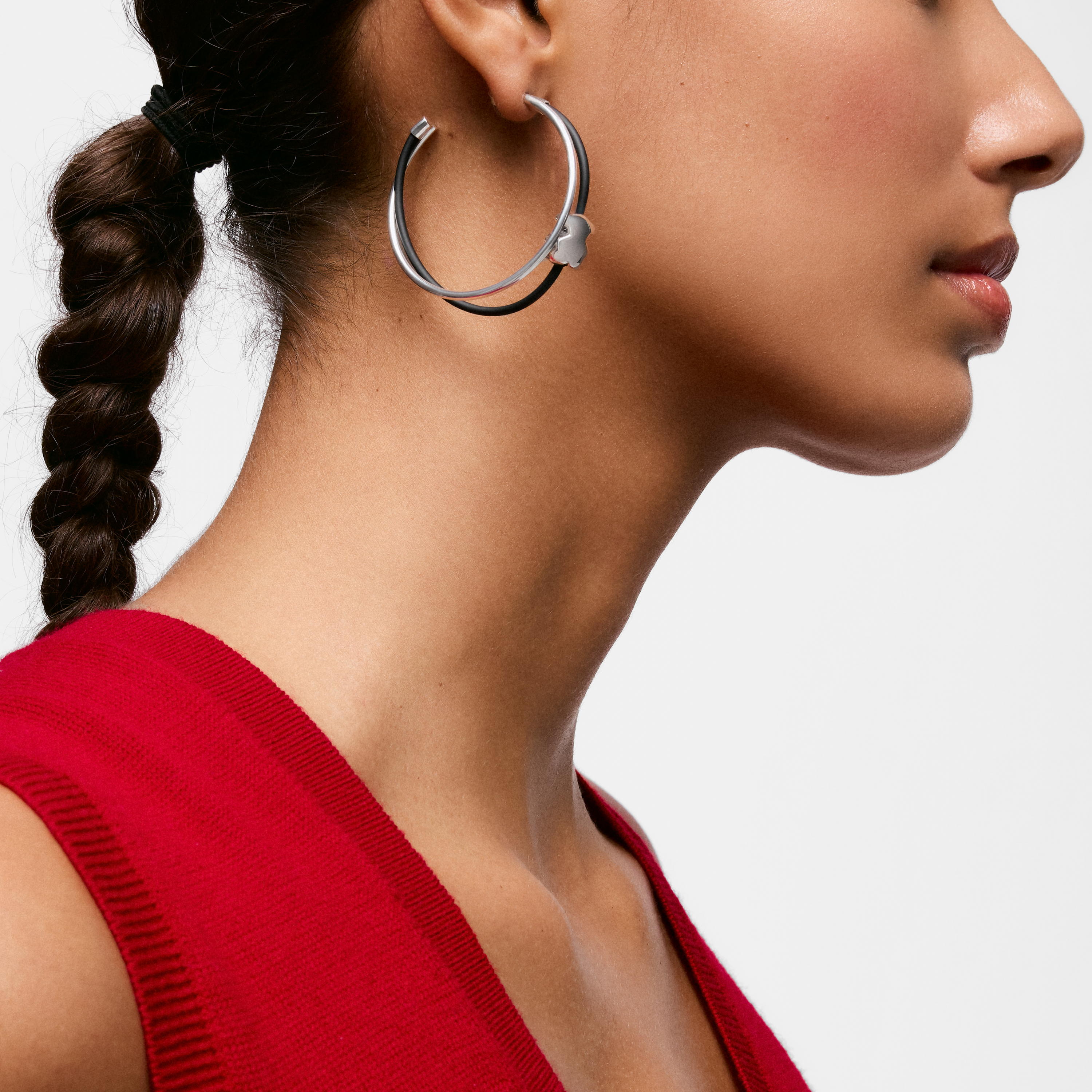 Bear hoop earrings in silver and rubber 45 mm Bold Motif