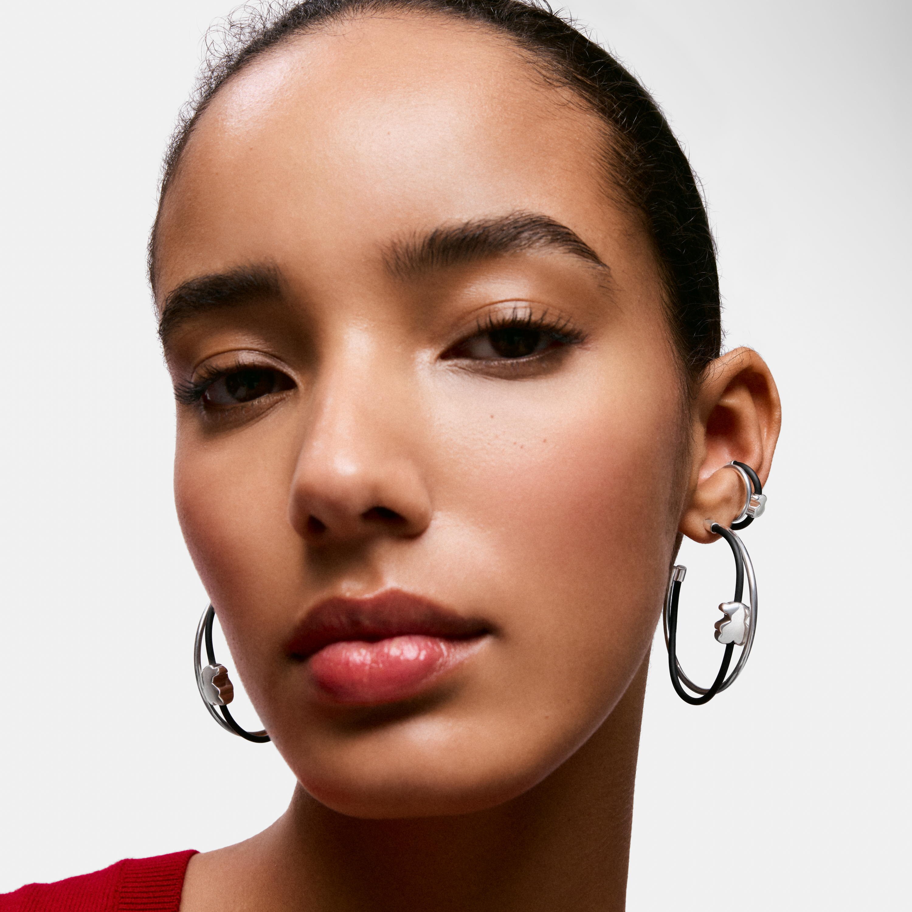 Bear hoop earrings in silver and rubber 45 mm Bold Motif